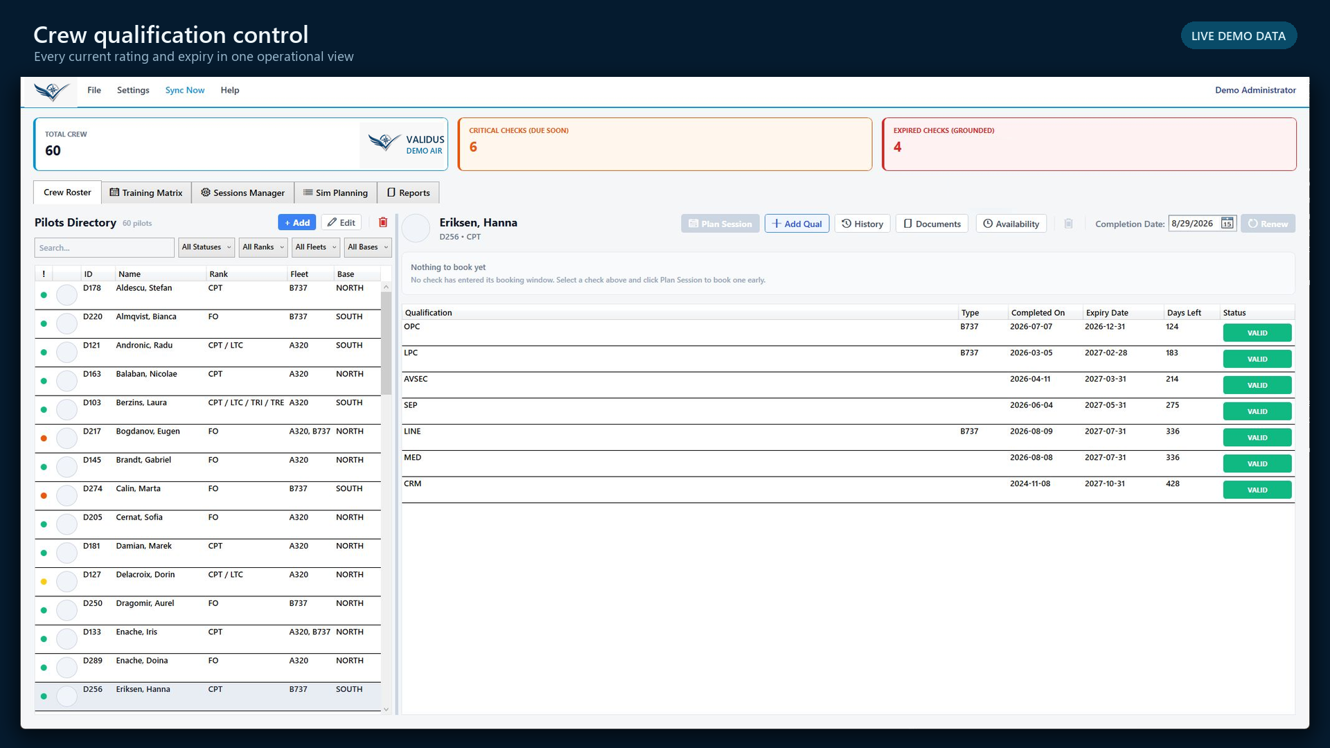 Validus Aero crew roster and qualification record using synthetic demo data